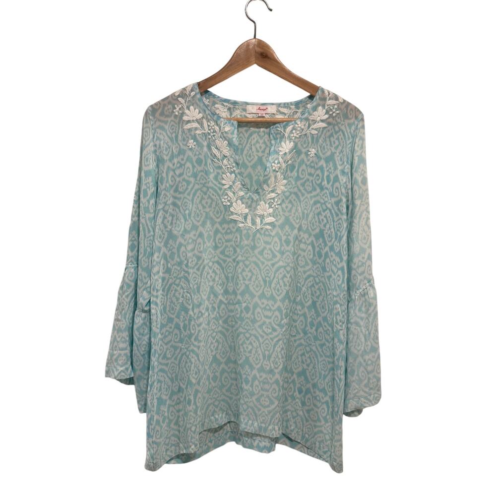 Amaya 100% Silk Sheer Tunic Blouse Blue Ikat Embroidered Bell Sleeve Size 40